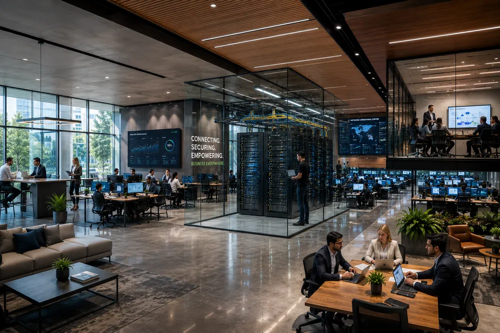 SRI INFOIT office — security operations center, server racks, and team collaboration space