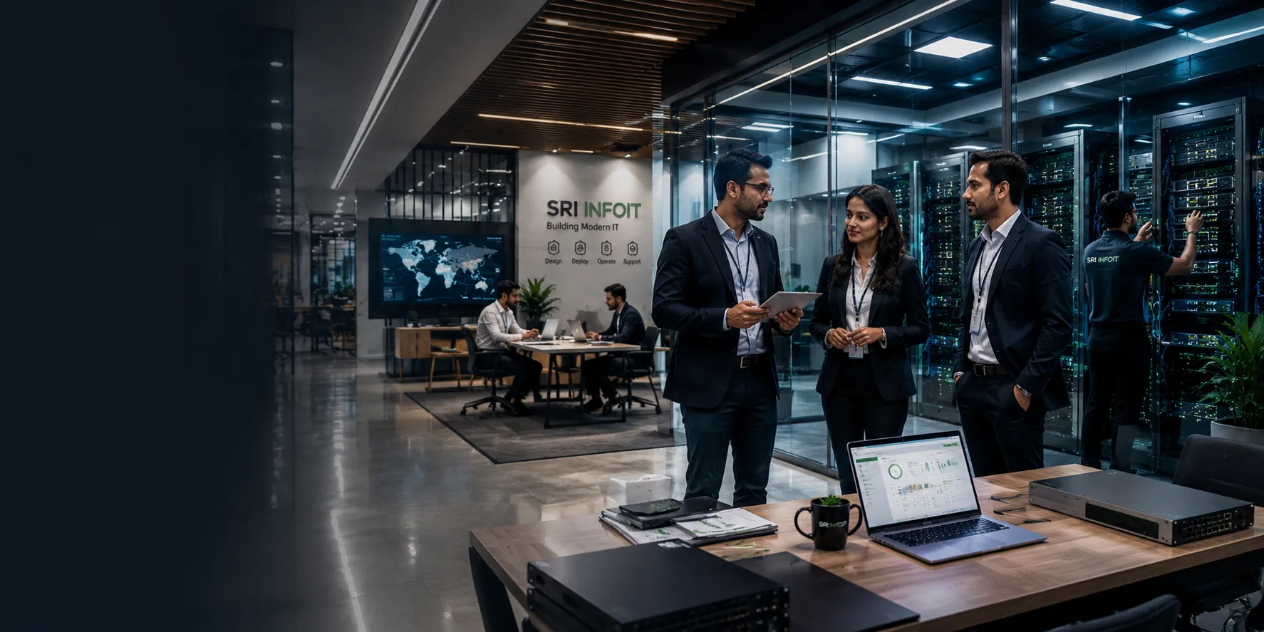SRI INFOIT team at the Visakhapatnam office, with live server racks and network infrastructure on display